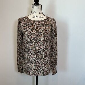 J.Crew 100% Silk Long Sleeve‎ Blouse Top Paisley Print Career Casual Black 0